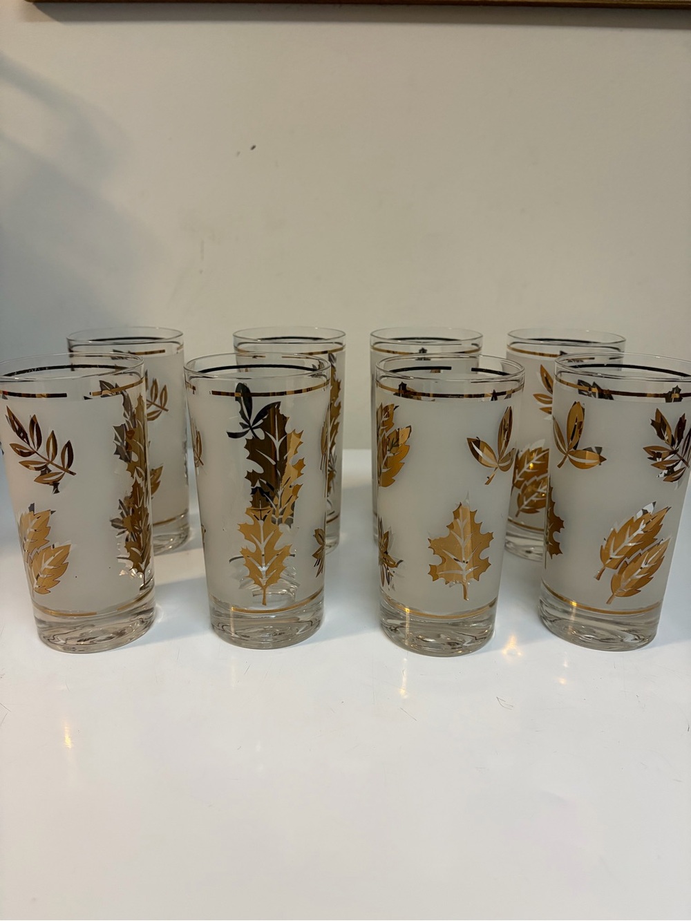 Libbey Golden Foliage Vintage Tumblers Set of 8 Frosted Gold Leaf MCM 1960s
